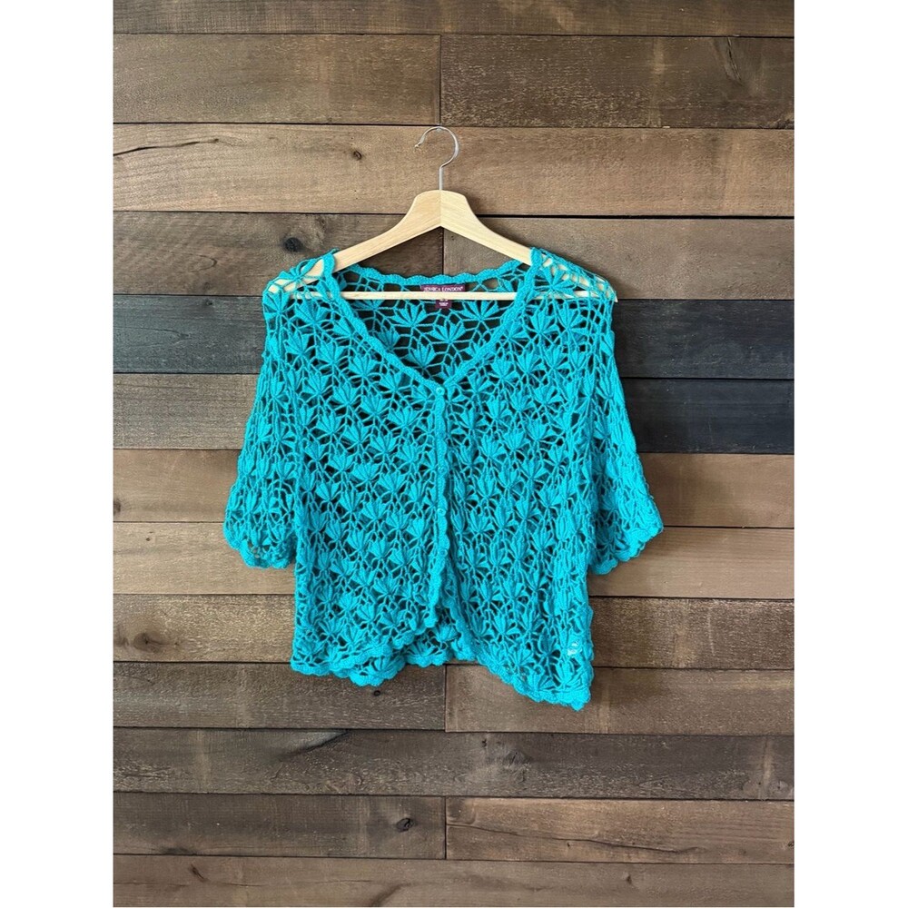 Y2K Jessica London Turquoise Crochet Cardigan Plus Size Boho Beach Cover Up